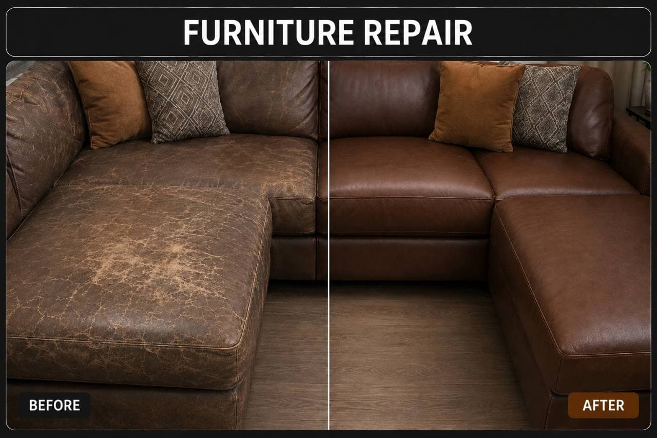 Brown leather sectional sofa before and after surface restoration